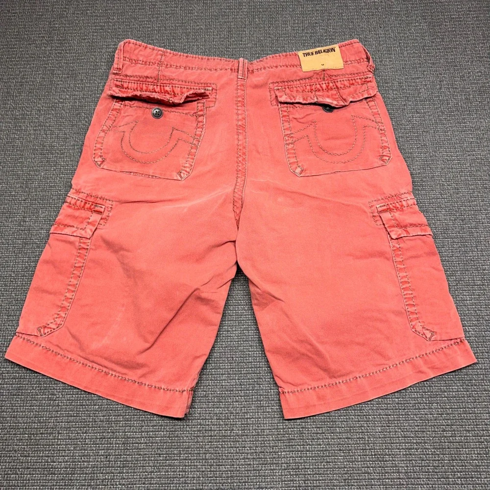 True Religion Mens Cargo Shorts Coral Pink Horseshoe Stitch Cotton Size 33